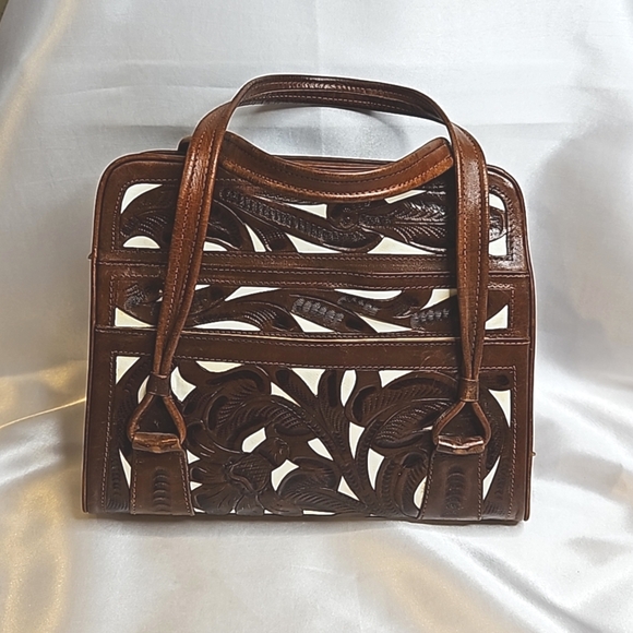 Vintage Handbags - Vintage Leather Handbag Mahongany/White